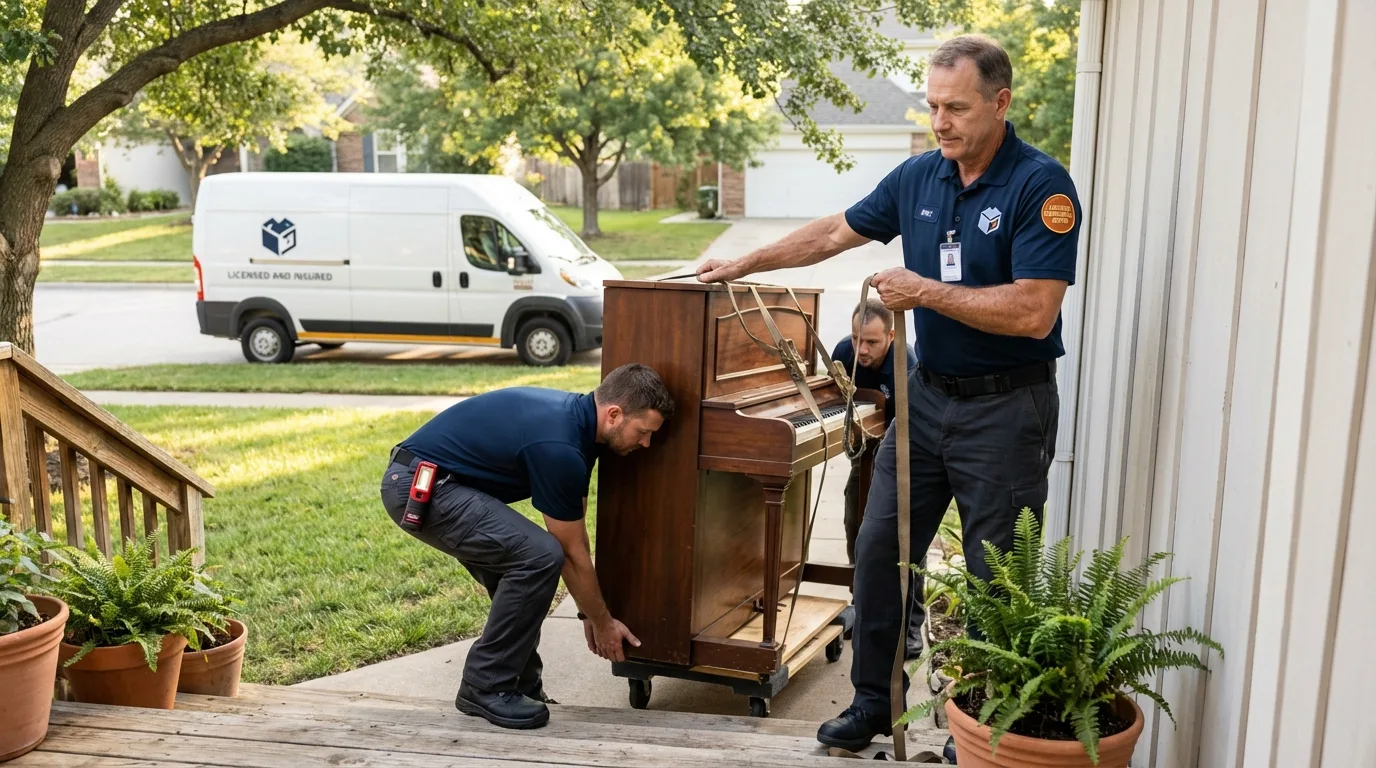 Licensed piano movers securing grand piano in Alfred, ME