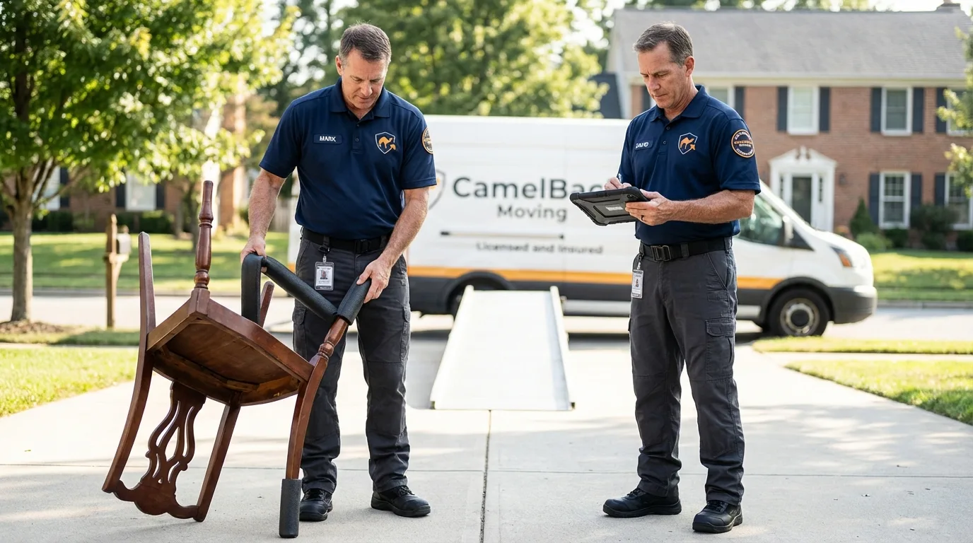 Movers inspecting furniture for damage prevention before loading in Alfred, ME