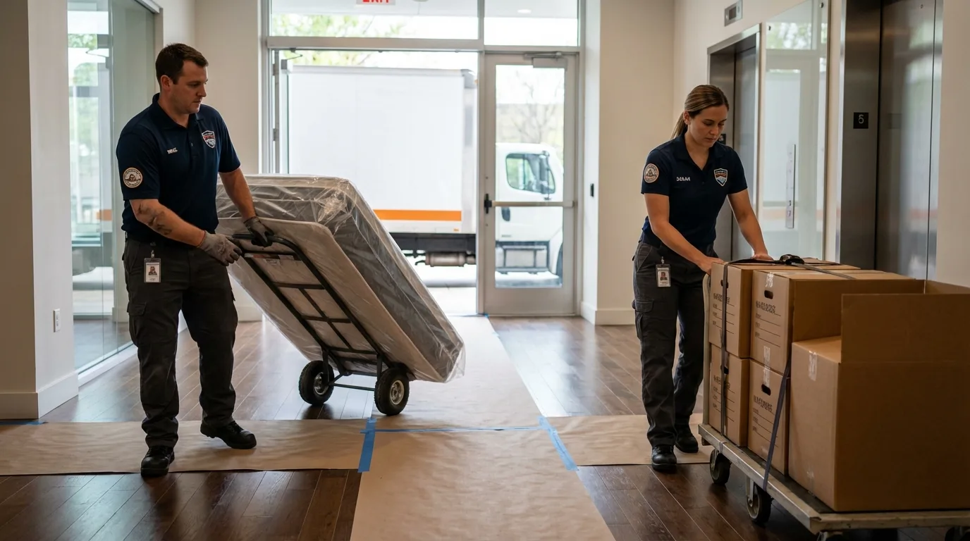 Professional apartment movers loading elevator in Alfred, ME