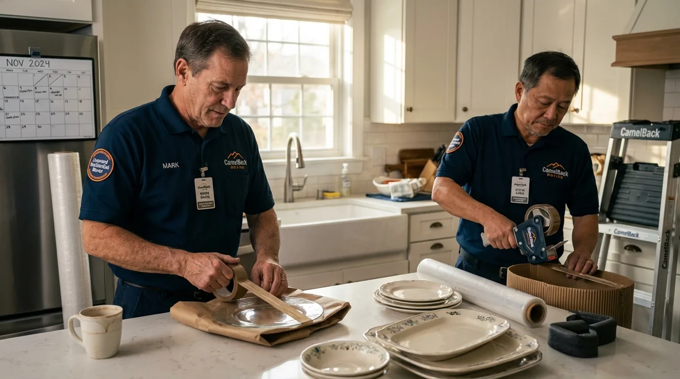 Professional crew packing kitchen dishware in Alfred, ME
